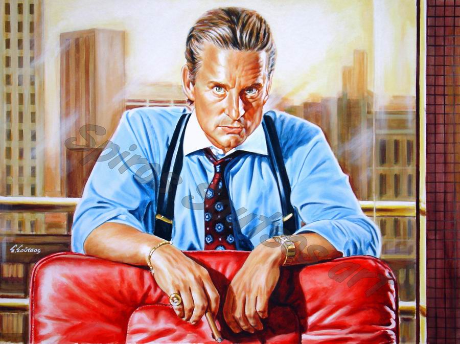 Michael Douglas painting portrait, “Wall Street” painted movie poster art