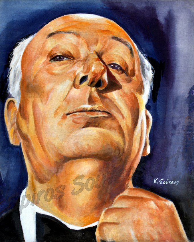 Alfred Hitchcock painting portrait, original hand-painted poster art
