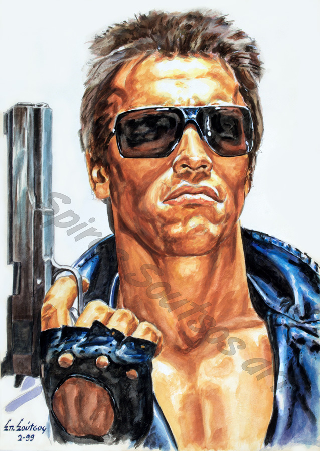 The Terminator (1984) movie poster, Arnold Schwarzenegger painting portrait